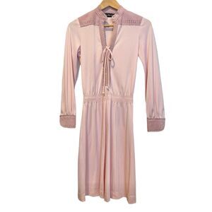 Vintage 70s Pink Midi Satin & Suede Dress Peach Coquette Ballet Core Size Small